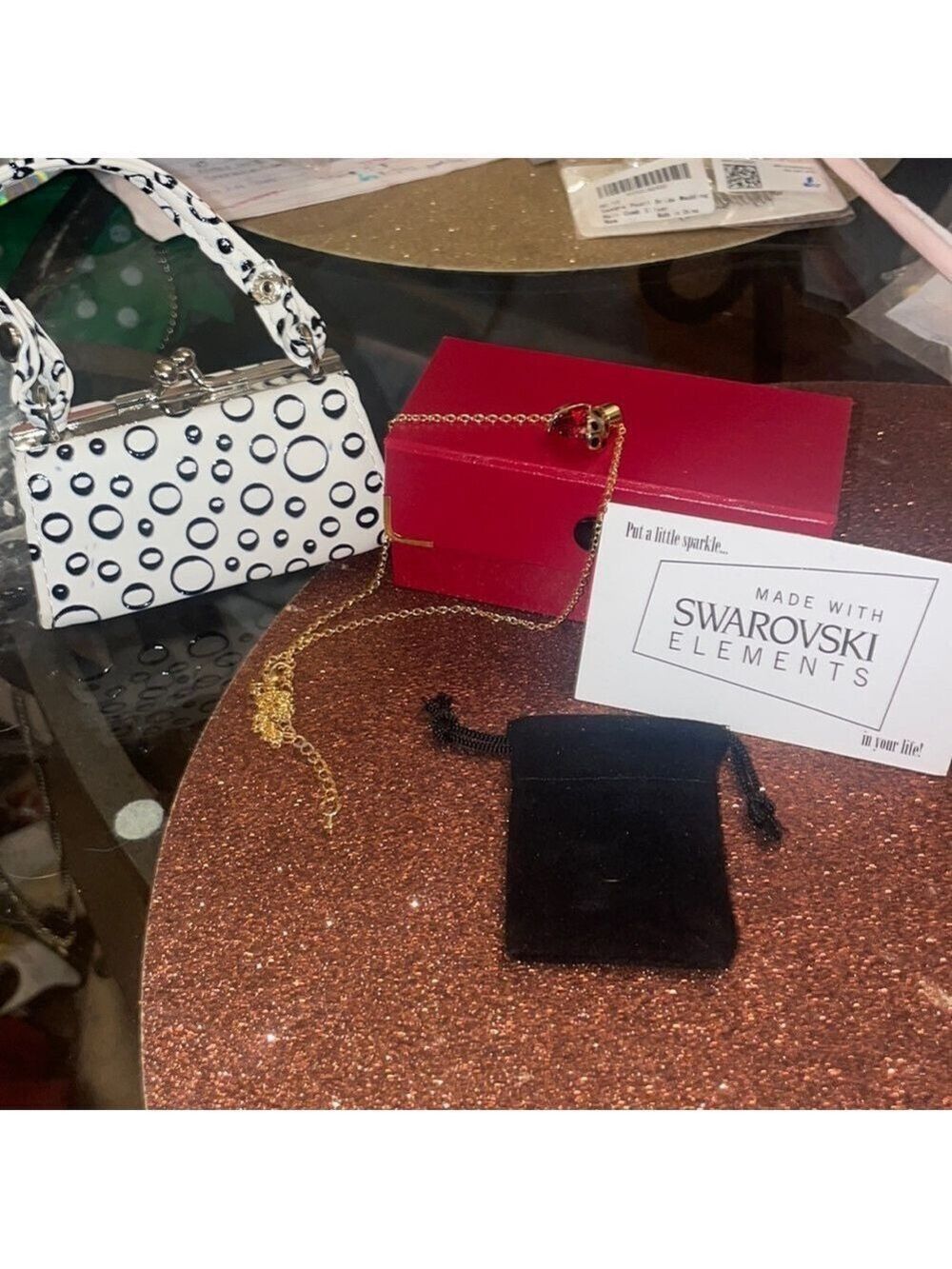 Swarovski Golden Ladybug Necklace Mini Purse Bag Charm Red Travel Jewelry case🐞